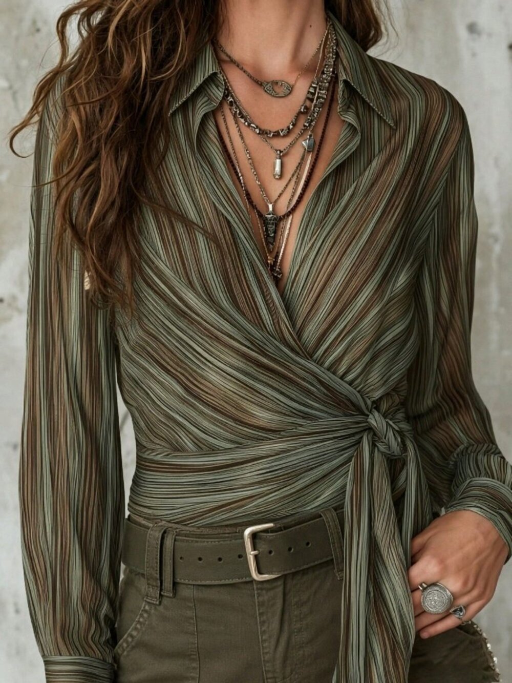 Army Green Casual Women's Lapel Side Tie Striped Long Sleeve Blouse